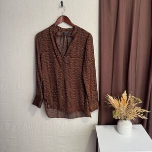 David Lerner Evereve Size L Black Brown Abstract Print Long Sleeve Thin Blouse